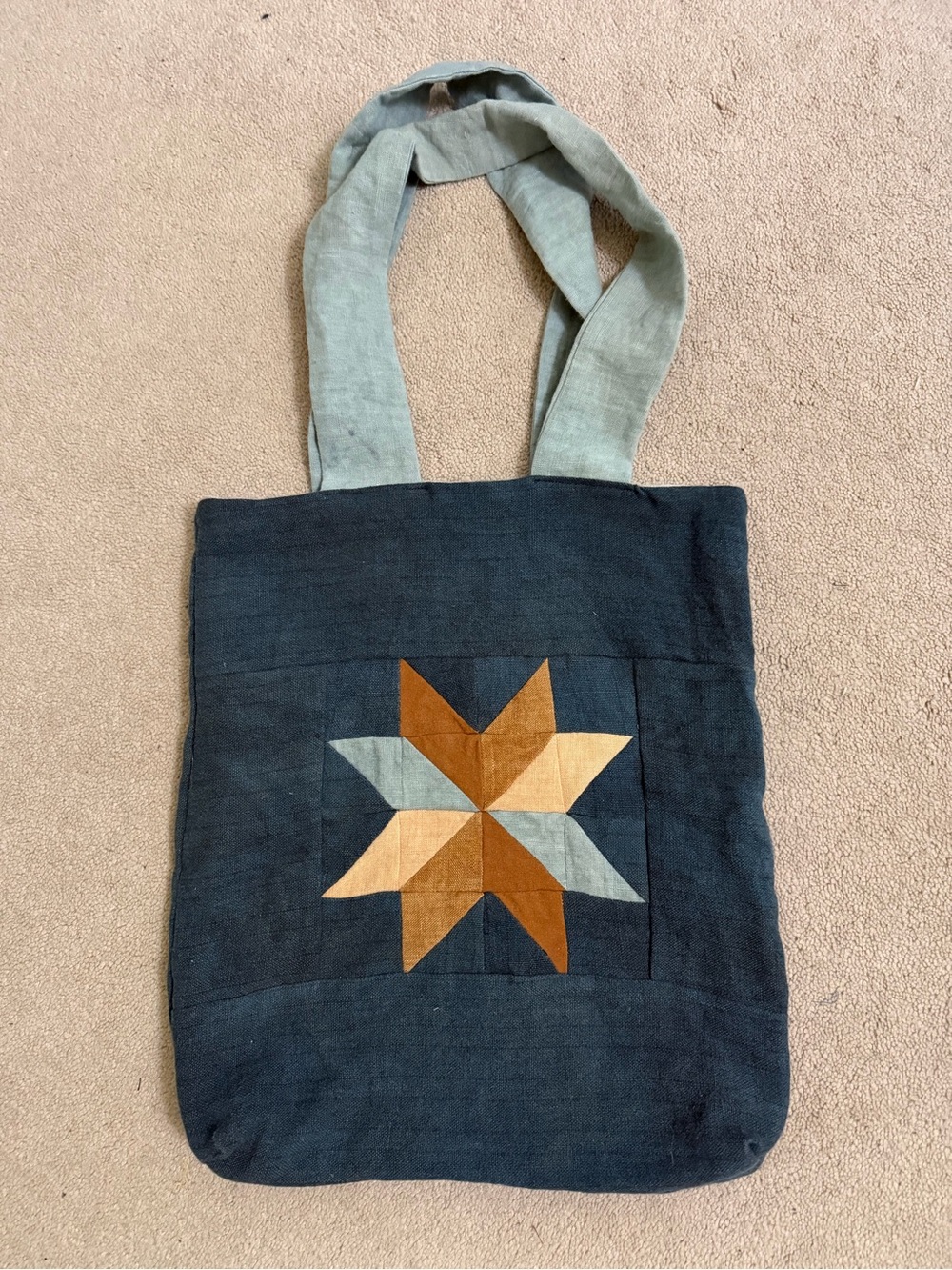 Handcrafted Navy Star Patch Tote Bag with Light Blue Straps